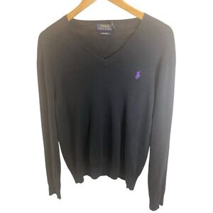 Ralph Lauren Polo V-Neck Black Pony Pima Cotton Knit Jumper Sweater Men's Small